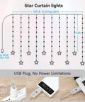 Diagram of Star Curtain Lights 10ft By 3.3ft RGB LED Color Changing String Fairy Lights with USB plug and star shapes.