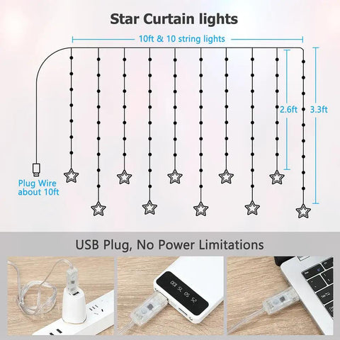 Diagram of Star Curtain Lights 10ft By 3.3ft RGB LED Color Changing String Fairy Lights with USB plug and star shapes.