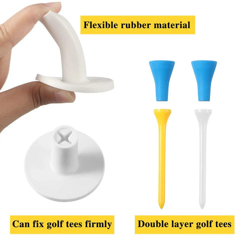 Flexible rubber and double layer golf tees from 18 Piece Rubber Golf Tees And Tee Holder Kit For Indoor Outdoor Practice On Artificial Turf Mats.