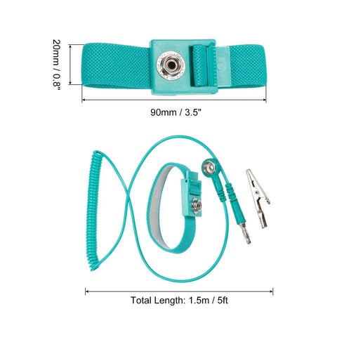 ESD Anti Static Wrist Strap 5ft PU Adjustable Antistatic Bracelet Set with dimensions and coiled grounding cable