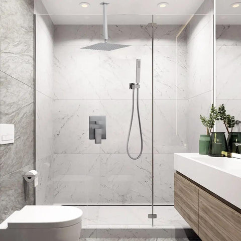 Pro Grade Brushed Nickel Shower System With 12 Inch Rain Shower Head Ceiling Mount And Handheld Luxury High Pressure Bath Set