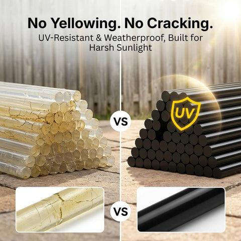 Comparison of yellowed clear glue sticks versus UV-resistant black hot glue sticks 0.27 inch diameter, ideal for crafts and repairs.