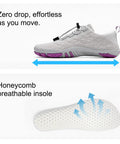 Wide Toe Barefoot Water Shoes For Women Slip On Quick Dry Lightweight Footwear For Walking Hiking Swimming And Water Aerobics With Rapid Dry Knit Upper And Sock Like Fit In Light Gray Purple Size Eight Point Five US with honeycomb insole.