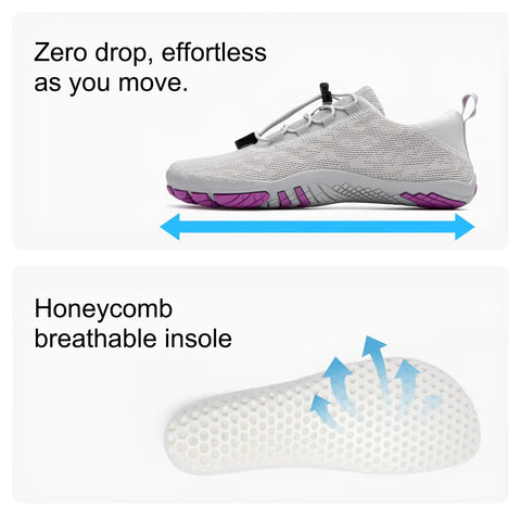 Wide Toe Barefoot Water Shoes For Women Slip On Quick Dry Lightweight Footwear For Walking Hiking Swimming And Water Aerobics With Rapid Dry Knit Upper And Sock Like Fit In Light Gray Purple Size Eight Point Five US with honeycomb insole.