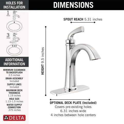 Geist Chrome One Hole Bathroom Faucet For Vanity, Easy Install Sink Tap with dimensions and installation details shown