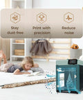 Child reading near Adventurer 5M 3D Printer Enclosure Kit for AD5M DIY Safe and Quiet Cover demonstrating dust-free and noise-reduction benefits.