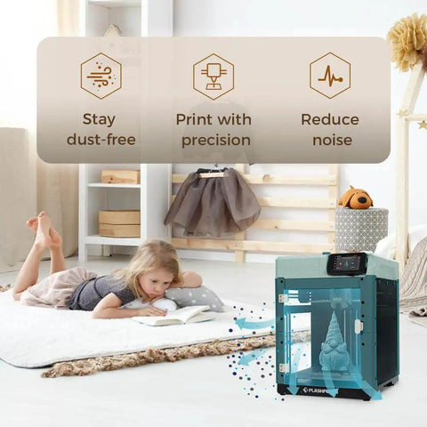 Child reading near Adventurer 5M 3D Printer Enclosure Kit for AD5M DIY Safe and Quiet Cover demonstrating dust-free and noise-reduction benefits.