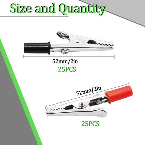 Image showing two 52mm 2 inch metal alligator clips, 25 red and 25 black, from the 50 Piece 52mm 2 Inch Metal Alligator Clips Set Red And Black Color Coding For Electrical Testing And Soldering Tools Household Clamp Kit With Storage Box.