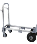 Rugged Aluminum Hand Truck Cart And Convertible Utility Dolly Built Like A Tank Pushing 800 Lb Loads With 10 Inch Pneumatic Tires Dual Control Handles Smooth Heavy Hauling Anywhere, focusing on dual control handles and wheels.