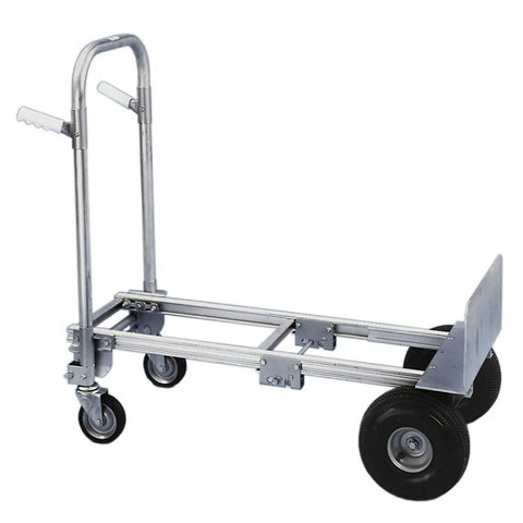 Rugged Aluminum Hand Truck Cart And Convertible Utility Dolly Built Like A Tank Pushing 800 Lb Loads With 10 Inch Pneumatic Tires Dual Control Handles Smooth Heavy Hauling Anywhere, focusing on dual control handles and wheels.