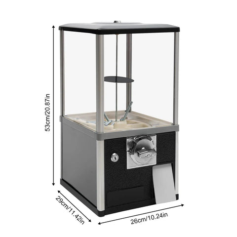 Kickass Heavy Duty Coin Vending Machine For Big Capsules, Built Like A Tank With 800 Coin Capacity, Installation Free Stand Alone Design, Crystal Clear Display Window, showcasing dimensions and design.