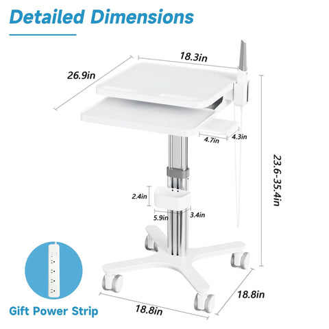 Dental clinic trolley cart with oral scanner holder, two white trays, aluminum alloy stand, mobile with brakes.