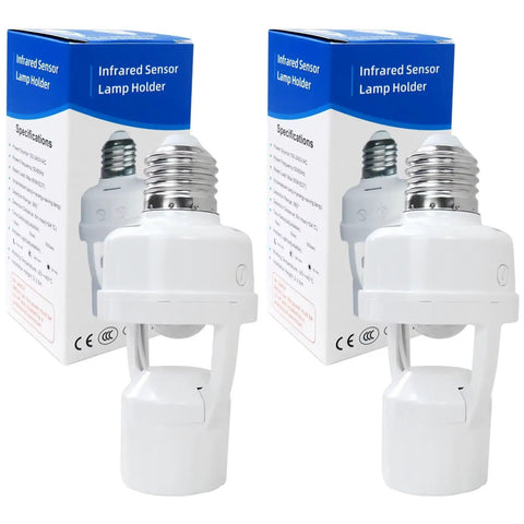 Two Pack Motion Activated Light Socket Adapters For E26 E27 Screw In Lamps, Easy Add On Auto On Off Sensor Lighting, Dusk To Dawn Indoor Lights For Porch Garage Basement. Two white infrared sensor lamp holders with boxes