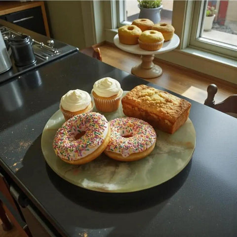 Handmade Marble Lazy Susan 16 Inch Round Serving Tray For Dining Table And Kitchen Countertop With Durable Wood Base Perfect For Pantry Organization And Storage And Everyday Home Use Dope Centerpiece displaying pastries