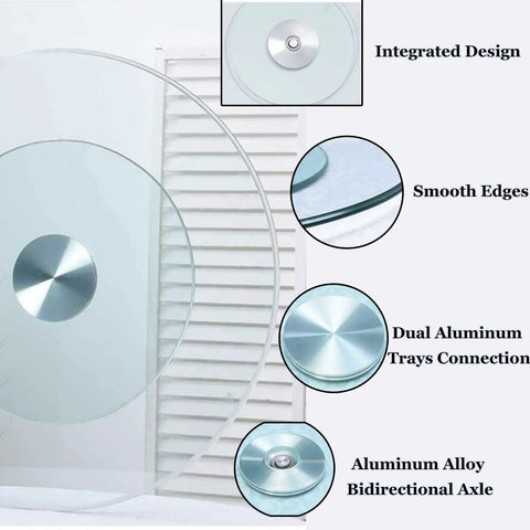 Glass Lazy Susan For Dining Table Extra Large Turntable with aluminum components, smooth edges, and integrated design.