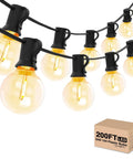 Two Pack 100 Foot Outdoor String Lights With Dimmable G40 LED Bulbs That Are Shatterproof And Weatherproof End To End Connectable Up To Nine Times 100 Feet So Your Patio Backyard Cafe Porch Vibe Stays Lit showing bulbs lit with warm glow and packaging box