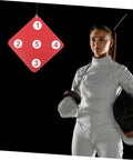 Multi Purpose Fencing Target For Indoor Practice next to fencer in white gear, red rubber target with numbers