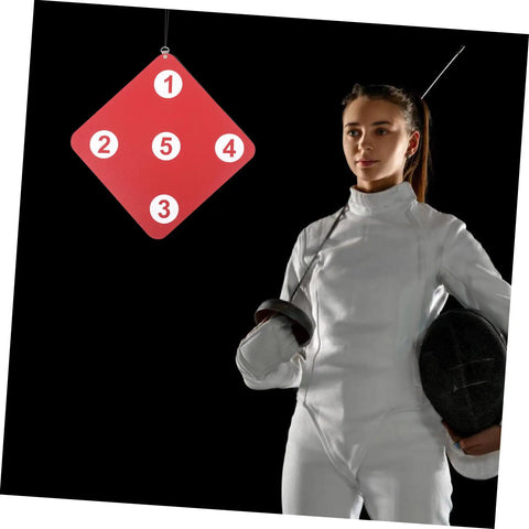 Multi Purpose Fencing Target For Indoor Practice next to fencer in white gear, red rubber target with numbers