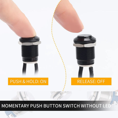 Demonstration of a 12mm Momentary Push Button Switch Waterproof IP65 Black Aluminum Alloy Shell Pre Wired Without LED in action