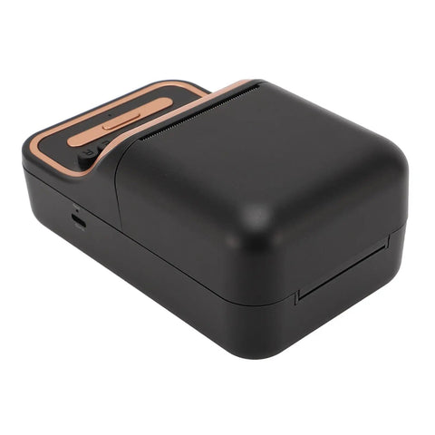 Cool Retro Label Printer With Bluetooth 5.0 Connectivity And Compact Design, black inkless thermal printer shown from an angled top view.
