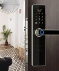Rock Solid Smart Door Lock With Built In Doorbell And Hassle Free Fingerprint Password Card Keypad Entry C Grade Digital Deadbolt installed on a wooden door.