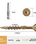 Go-To One And A Half Inch Size 8 Deck Screws With Golden Brown Epoxy Coating For Outdoor Wood, Torx T25 Star Drive