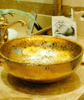 USZWBY Bathroom Vessel Sink, Countertop Basin Round Sink Bathroom Sink Hotel Art Sink Bathroom Sink in gold ceramic finish.