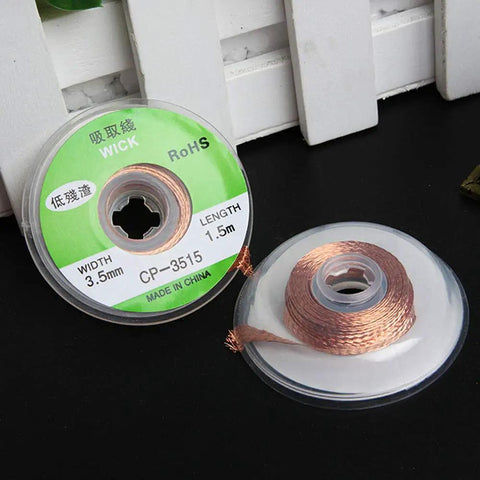 4Pcs 3.5mm Desoldering Braid Solder Removal Wick Wire Kit 1.5m Long, showing copper braid coils and labeled plastic spools