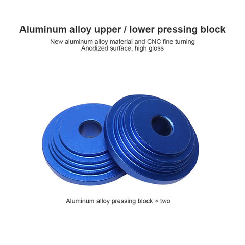 Aluminum alloy pressing block components from Bike Repair Tool Kit for Headset and Bottom Bracket Removal, ball bearing design, blue anodized.