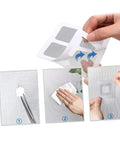 Close-up of DIY Window And Door Screen Patch Kit With 20 Fiberglass Mesh Patches being applied to a damaged window screen.