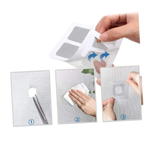Close-up of DIY Window And Door Screen Patch Kit With 20 Fiberglass Mesh Patches being applied to a damaged window screen.