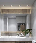MXJCKSOQ 3CCT 3.5 Inch LED Recessed Lighting Anti-Glare Downlight in modern bathroom with marble and wooden accents.