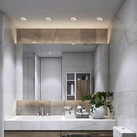 MXJCKSOQ 3CCT 3.5 Inch LED Recessed Lighting Anti-Glare Downlight in modern bathroom with marble and wooden accents.