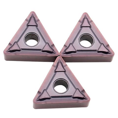 Top Grade 10 Pack TNMG160408 Indexable Carbide Lathe Tools For Stainless Steel External Turning Heavy Duty Cuts With BF MP1125 Inserts showing three triangular inserts close-up.