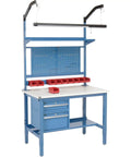 Heavy Duty 72 By 36 Inch Workbench With 1 1/4 Inch Thick ESD Laminate Top And Rock Solid Blue Steel Base featuring shelves and storage.