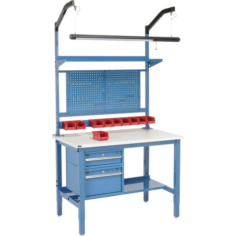 Heavy Duty 72 By 36 Inch Workbench With 1 1/4 Inch Thick ESD Laminate Top And Rock Solid Blue Steel Base featuring shelves and storage.