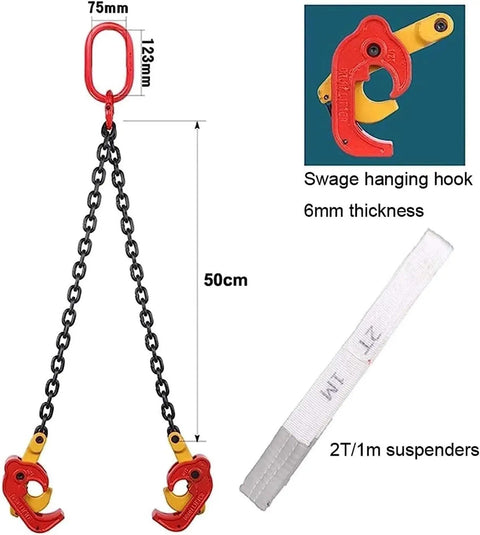 Heavy Duty 2200 Lbs Vertical Drum Lifter With Double Chains For Metal Barrels, Strong Alloy Steel Hoist Sling For Crane Or Forklift Use with hook and chain dimensions.