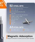 S2 and A3 steel bits from Grab And Go 50 In 1 Precision Screwdriver Set With Security Torx and Magnetic Mini Repair Kit description.