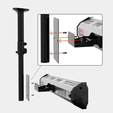 Tradesman Ceiling Mount Infrared Heater With Instant Heat 1500 Watt 110 Volt Plug In 5200 BTU Output Ideal For Patios Garages And Workshops Perfect For Outdoor And Indoor Use, displaying mounting components and bracket detail.