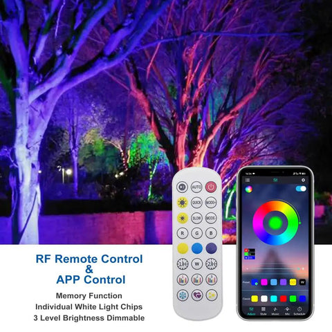 10W RGBIC Lit Color Changing Landscape Light with App and remote control visible, lighting trees and garden path.