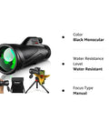 12x60 High Power Monocular with Smartphone Adapter and Tripod, black design, water-resistant, manual focus, ideal for bird watching and travel