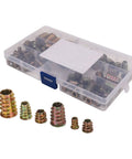Solid Zinc Alloy Hex Drive Threaded Inserts For Furniture Repair And Assembly That Install Easy With Tool Kit To Tighten Wood Screws Securely Without Stripping Or Breaking in various sizes inside a clear plastic box.