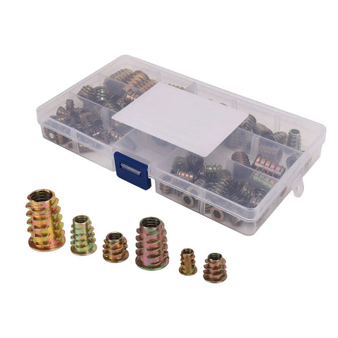 Solid Zinc Alloy Hex Drive Threaded Inserts For Furniture Repair And Assembly That Install Easy With Tool Kit To Tighten Wood Screws Securely Without Stripping Or Breaking in various sizes inside a clear plastic box.