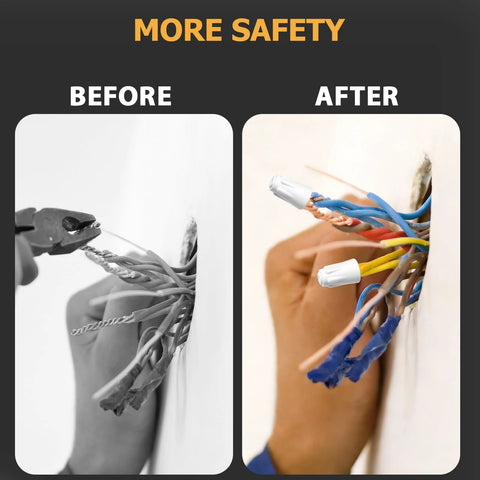 Ceramic high-temperature wire nut set (70-piece, S/M/L) with white caps; shown in before/after collage