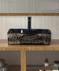 Bathroom Sink Retro Countertop Basin Household Ceramic Wash Basin Bathroom Wash Basin Personalized Hand-Carved Pattern Sink Bathroom Sink Vessel on wooden countertop.