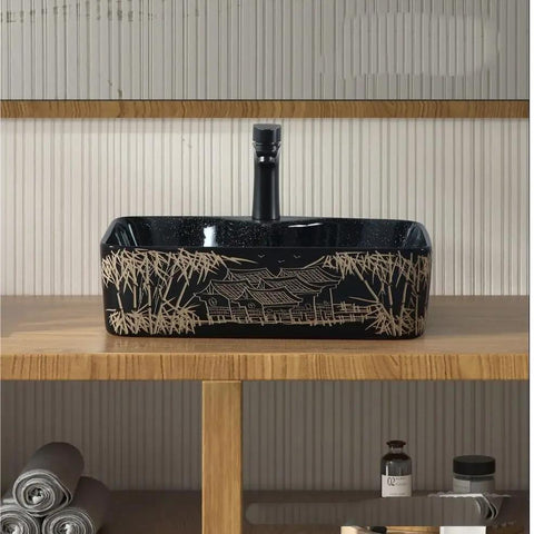 Bathroom Sink Retro Countertop Basin Household Ceramic Wash Basin Bathroom Wash Basin Personalized Hand-Carved Pattern Sink Bathroom Sink Vessel on wooden countertop.