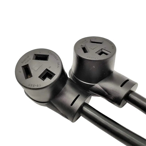 Do It All Dryer Power Splitter 240V 30 Amp NEMA 10-30P to Dual 10-30R Receptacles Y Adapter Cord ends close up