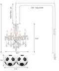 Dimensions of Plug In Crystal Ceramic White Chandelier With Clear Cord And Toggle Switch, Four Light Hanging Pendant Lamp.