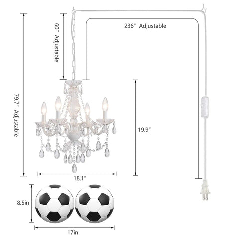 Dimensions of Plug In Crystal Ceramic White Chandelier With Clear Cord And Toggle Switch, Four Light Hanging Pendant Lamp.
