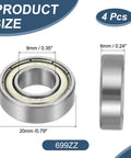 Four Pack 9x20x6mm Deep Groove Ball Bearings Chrome Steel Double Shield ABEC5, front and side view with specifications